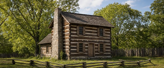 The log house standing among trees behind a split rail fence, its hand hewn logs and stone chimney visible.