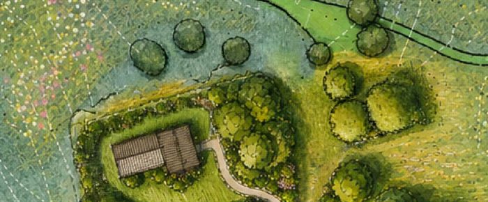 The house and the ground around it seen from above, trees and paths across the parcel.
