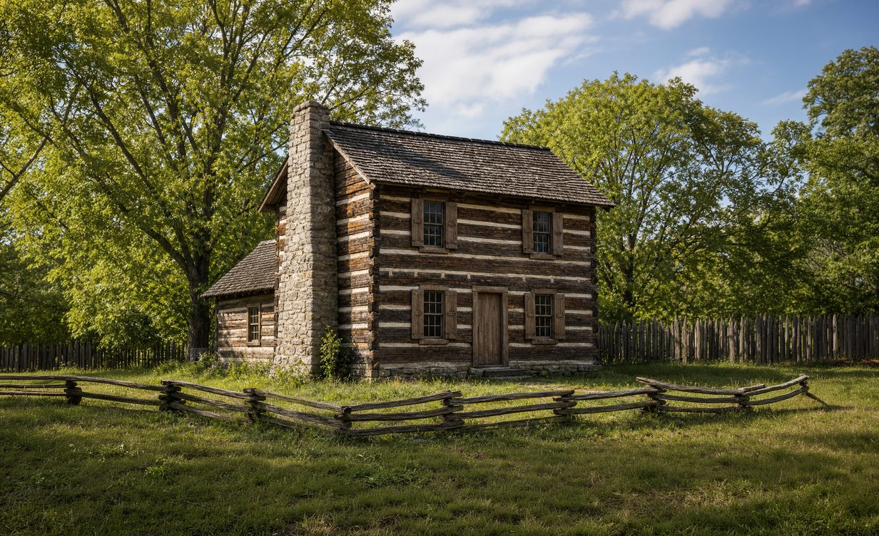 A rendering of the log house restored, a split rail fence around it.
